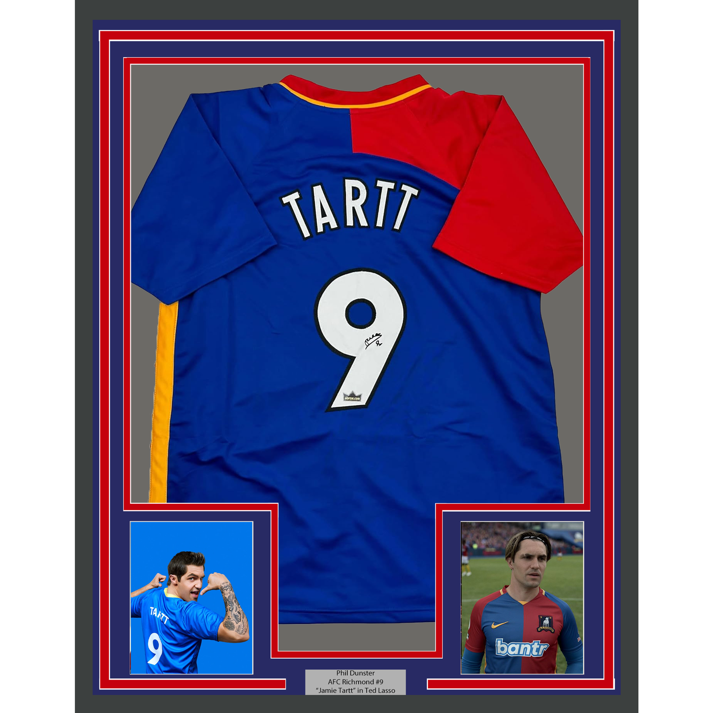 Framed Facsimile Autographed Phil Dunster Jamie Tartt 35x39 AFC Richmond Ted Lasso Blue Reprint Laser Auto Soccer Jersey