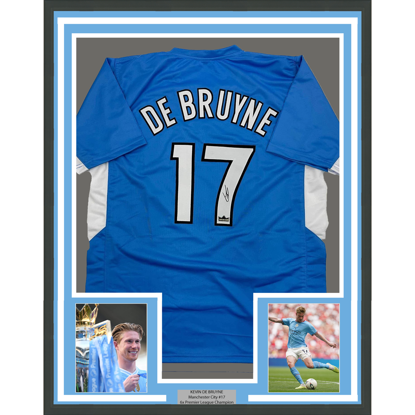 Framed Facsimile Autographed Kevin De Bruyne 35x39 Manchester City Blue Reprint Laser Auto Soccer Jersey