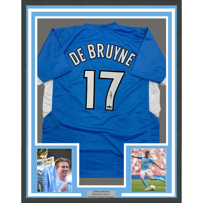 Framed Facsimile Autographed Kevin De Bruyne 35x39 Manchester City Blue Reprint Laser Auto Soccer Jersey