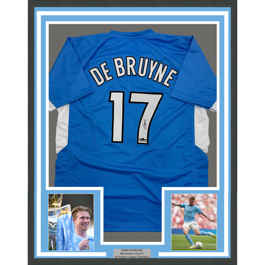 Framed Facsimile Autographed Kevin De Bruyne 35x39 Manchester City Blue Reprint Laser Auto Soccer Jersey