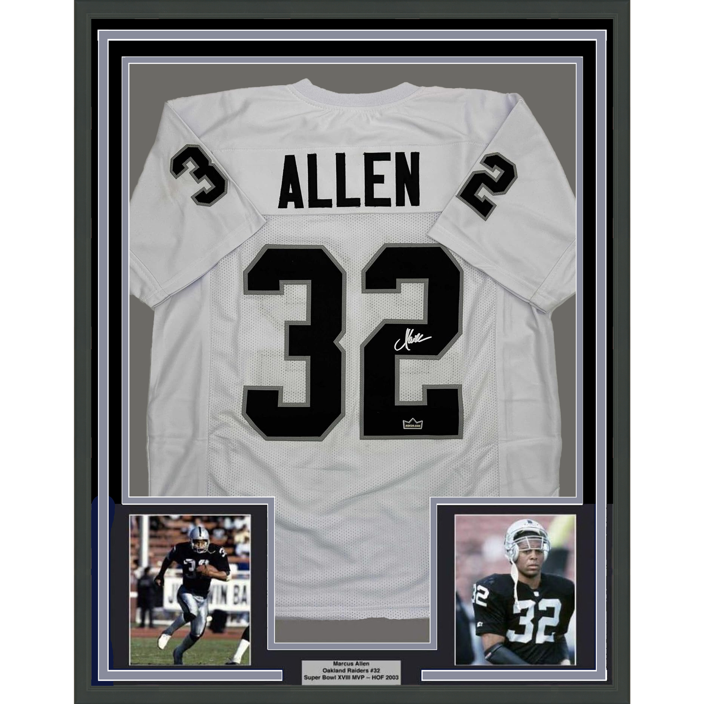 Framed Facsimile Autographed Marcus Allen 35x39 Oakland Las Vegas White Reprint Laser Auto Football Jersey