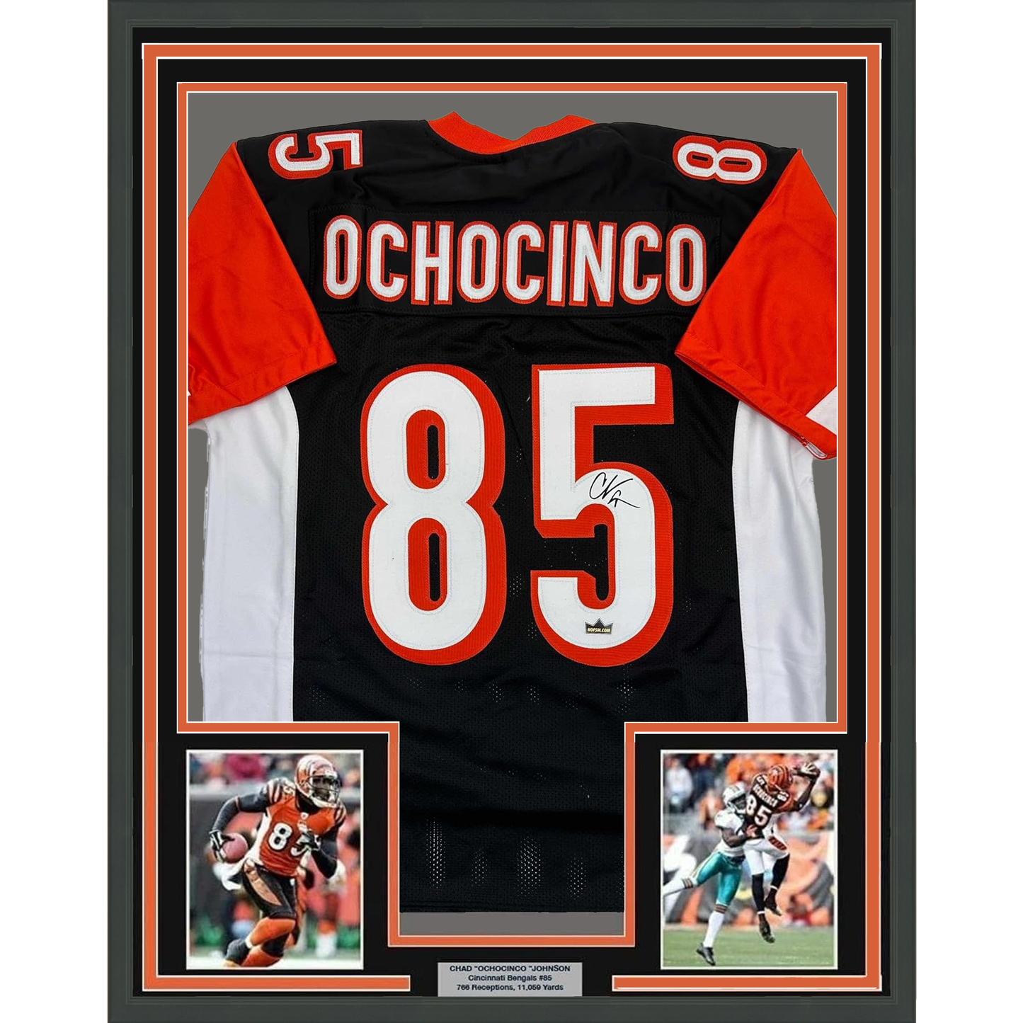 Framed Facsimile Autographed Chad Ochocinco (Johnson) 35x39 Cincinnati Black Reprint Laser Auto Football Jersey