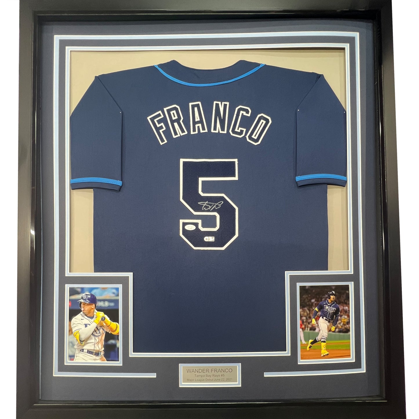 Framed Autographed/Signed Wander Franco 35x39 Tampa Bay Dark Blue Baseball Jersey JSA COA