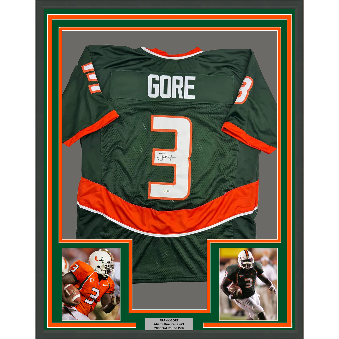 Framed Autographed/Signed Frank Gore 35x39 Miami Green Football Jersey JSA COA