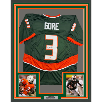 Framed Autographed/Signed Frank Gore 35x39 Miami Green Football Jersey JSA COA