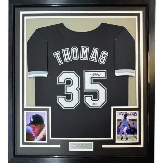 Framed Autographed/Signed Frank Thomas 35x39 Chicago Black Baseball Jersey JSA COA