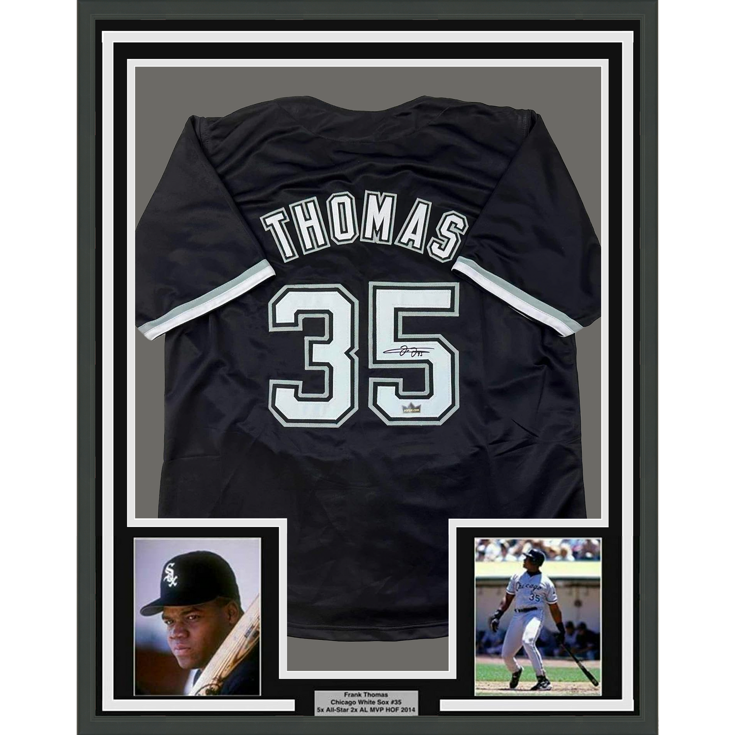 Framed Facsimile Autographed Frank Thomas 35x39 Chicago Black Reprint Laser Auto Baseball Jersey