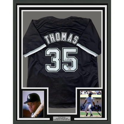 Framed Facsimile Autographed Frank Thomas 35x39 Chicago Black Reprint Laser Auto Baseball Jersey