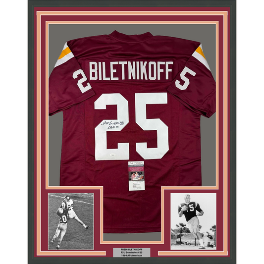 Framed Autographed/Signed Fred Biletnikoff 35x39 CHOF 91 Florida State FSU Red College Football Jersey JSA COA