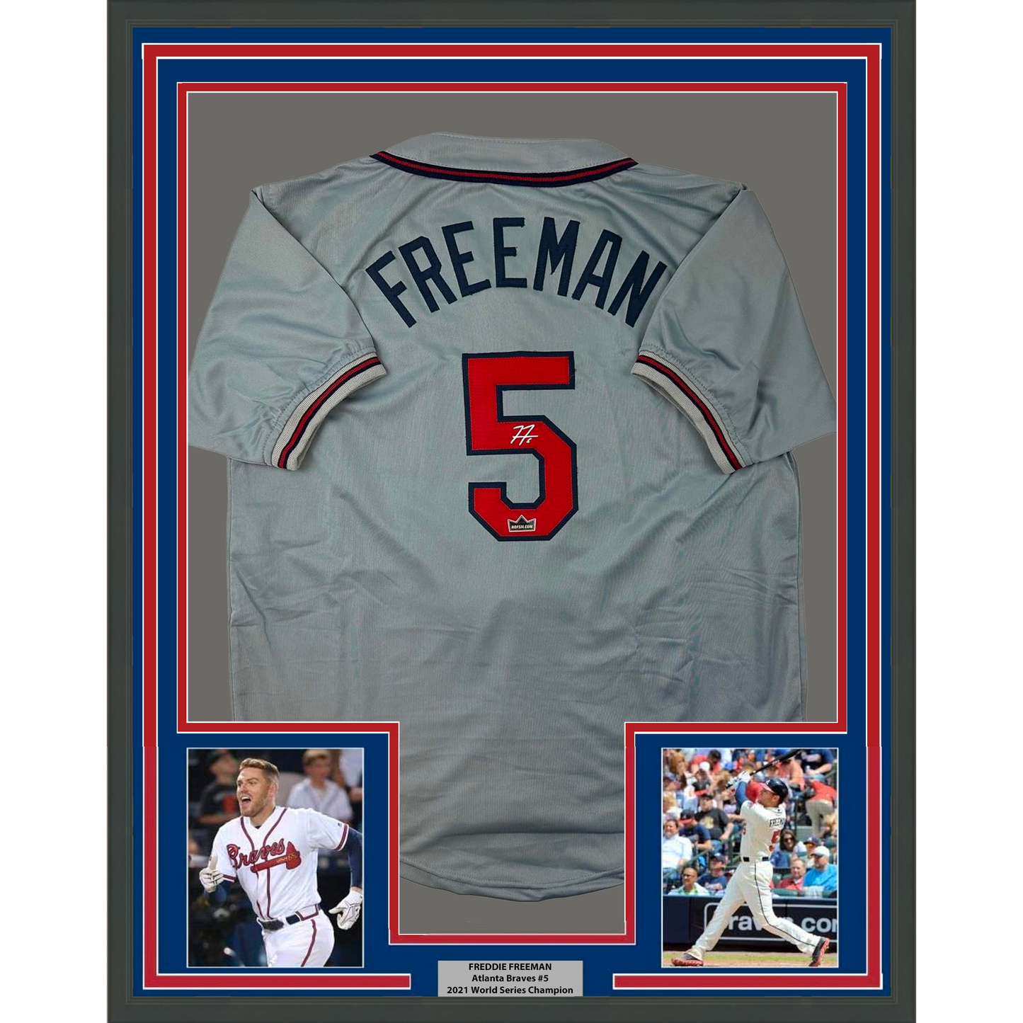 Framed Facsimile Autographed Freddie Freeman 35x39 Atlanta Grey Reprint Laser Auto Baseball Jersey