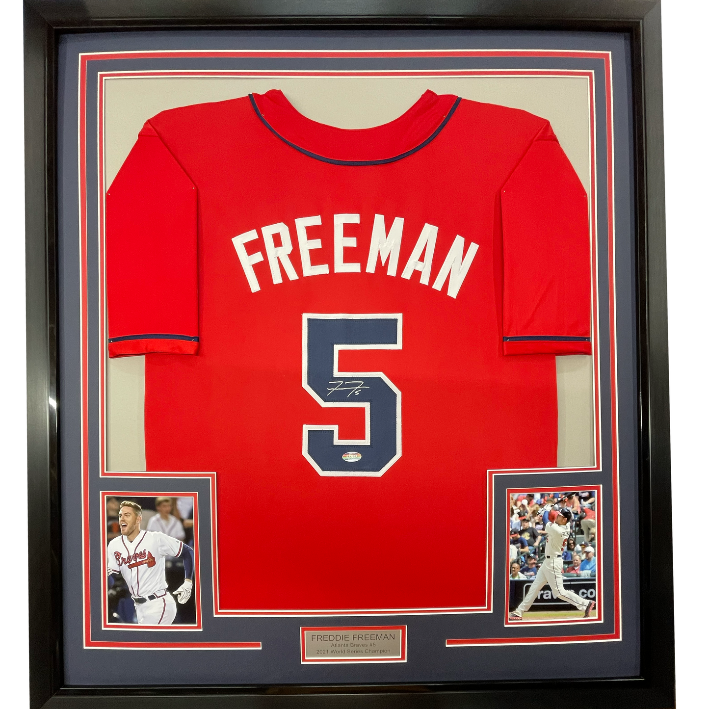 Framed Autographed/Signed Freddie Freeman 35x39 Atlanta Red Baseball Jersey Lojo Exclusive COA