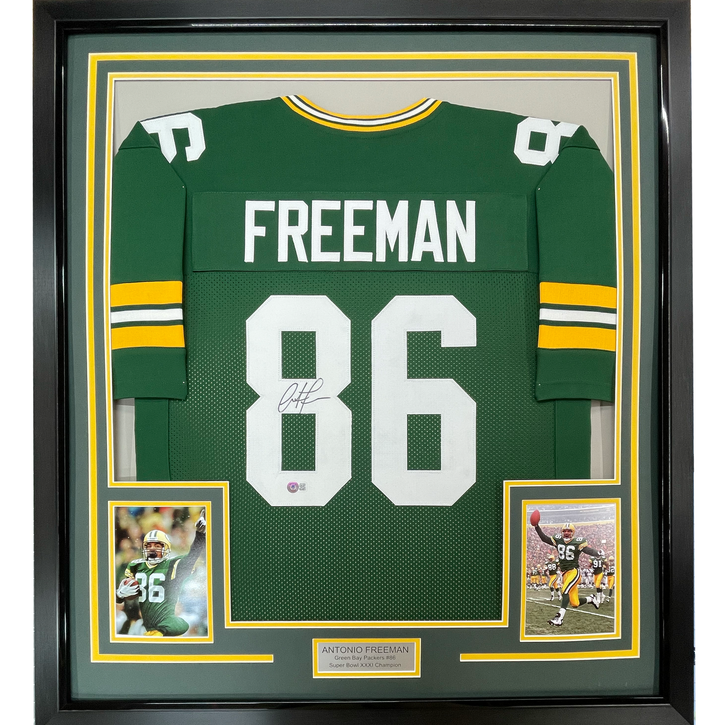 Framed Autographed/Signed Antonio Freeman 35x39 Green Bay Green Football Jersey Beckett BAS COA