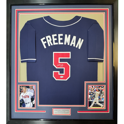 Framed Autographed/Signed Freddie Freeman 35x39 Atlanta Blue Baseball Jersey Lojo Exclusive COA