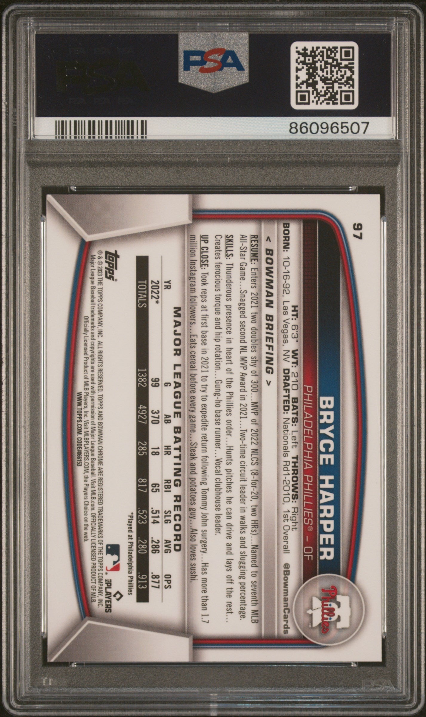 Graded 2023 Topps Bowman Chrome Sapphire Edition Bryce Harper #97 Baseball Card PSA 10 Gem Mint