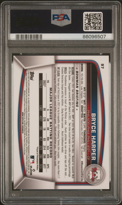 Graded 2023 Topps Bowman Chrome Sapphire Edition Bryce Harper #97 Baseball Card PSA 10 Gem Mint