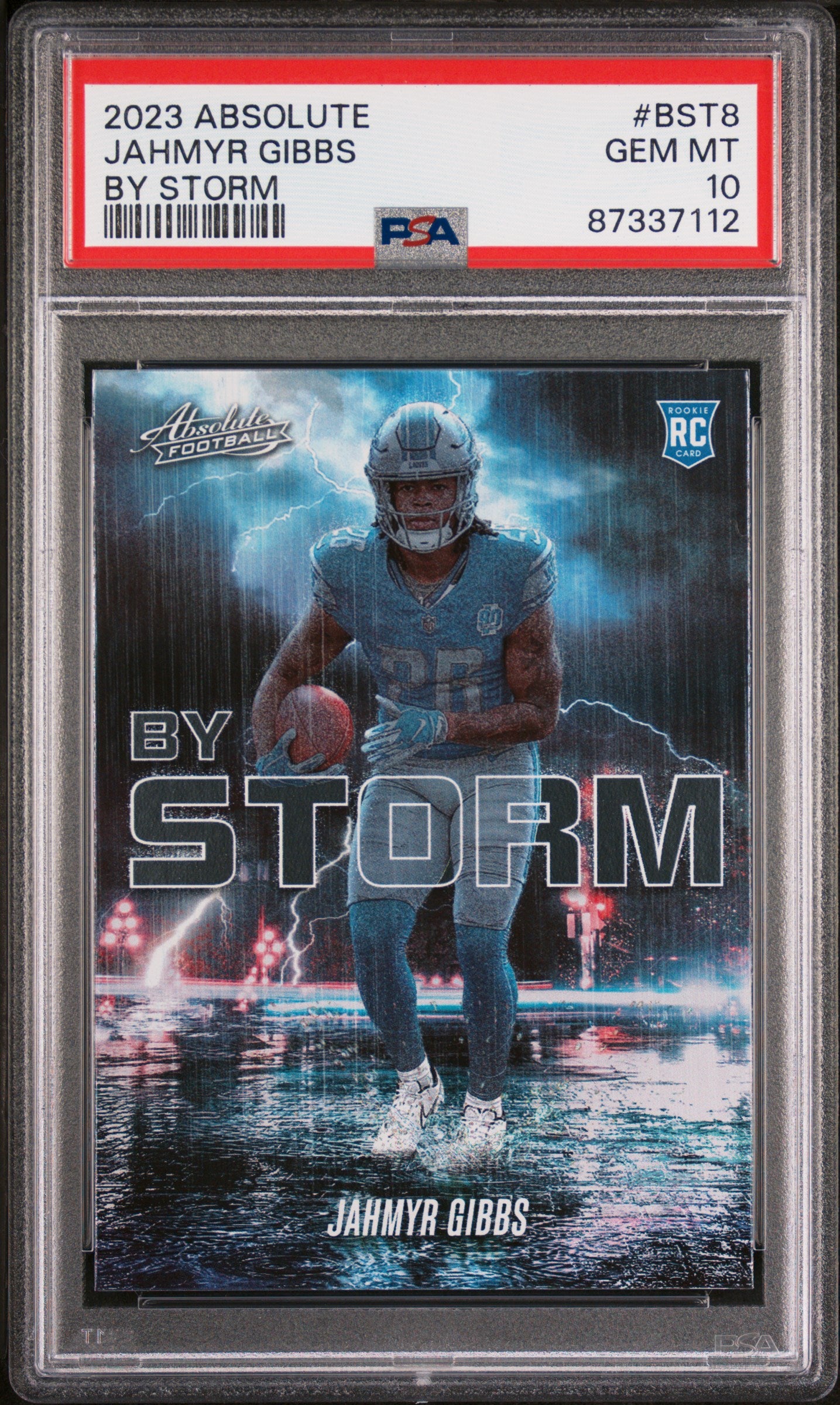 Graded 2023 Panini Absolute Jahmyr Gibbs #BST8 By Storm Rookie RC Football Card PSA 10 Gem Mint