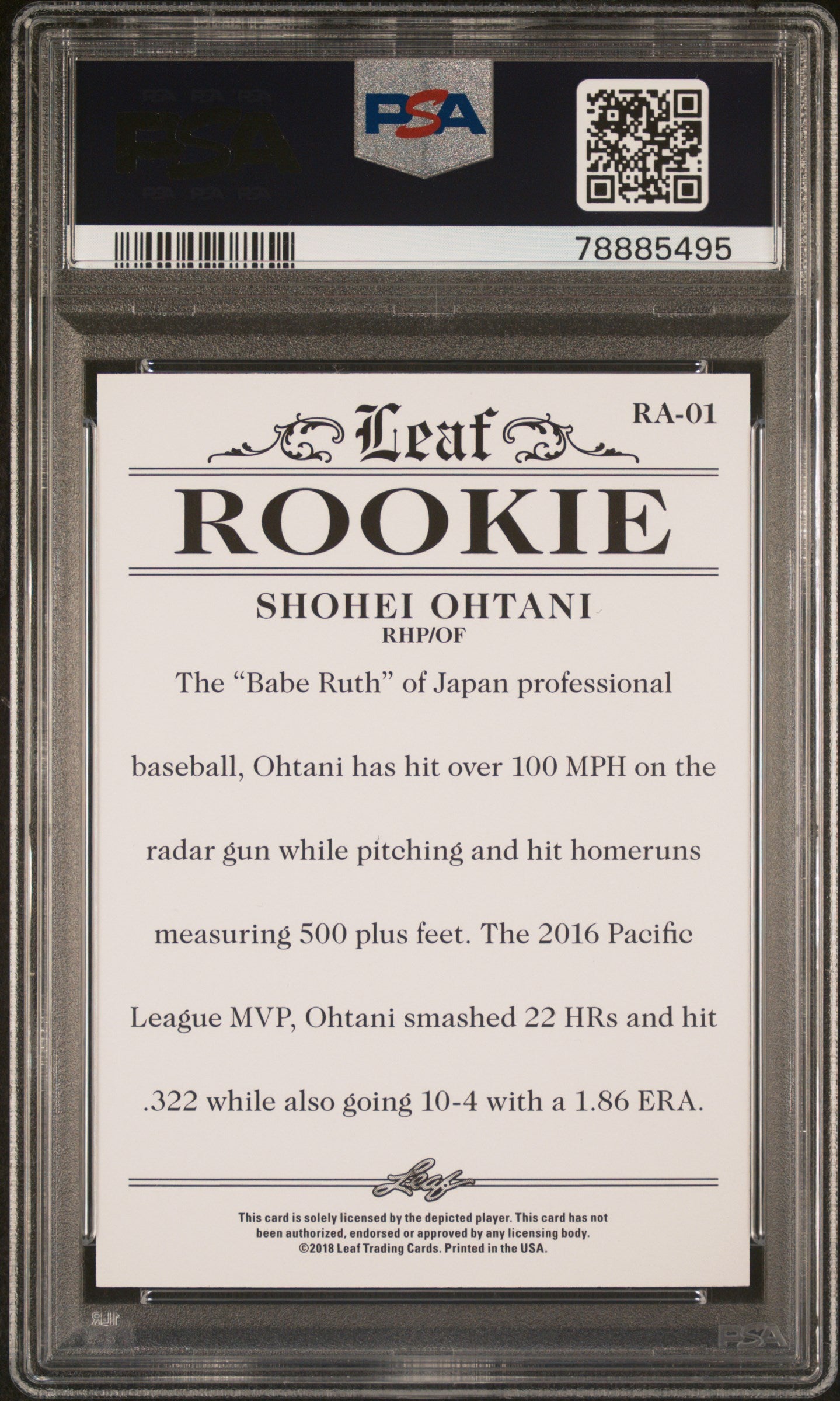 Graded 2018 Leaf Rookie Shohei Ohtani #RA01 Achievement Rookie RC Baseball Card PSA 10 Gem Mint