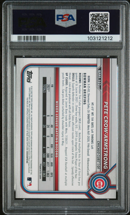 Graded 2022 Topps Bowman 1st Edition Pete Crow Armstrong #BPPF102 Sky Blue Foil Rookie RC Baseball Card PSA 10 Gem Mint