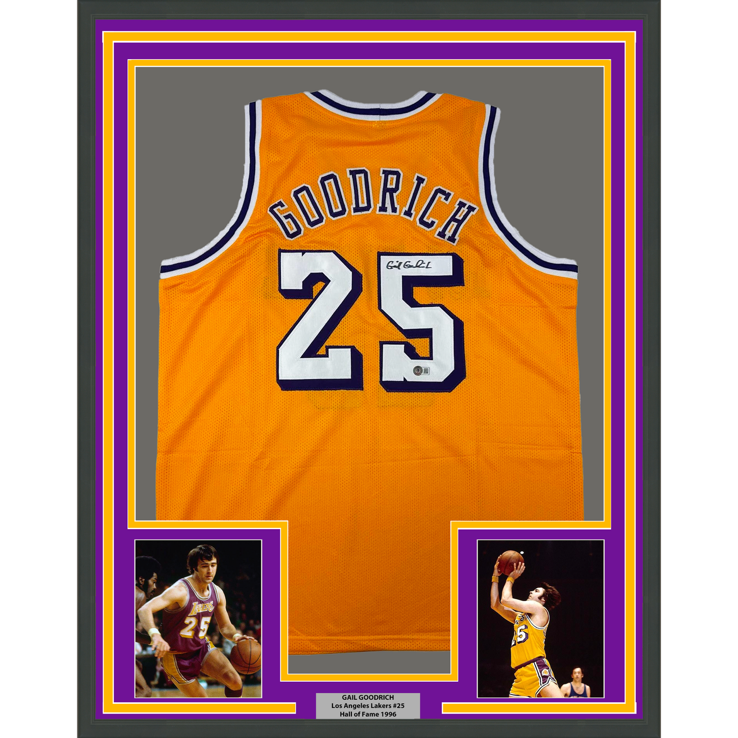 Framed Autographed/Signed Gail Goodrich 35x39 Los Angeles LA Yellow Basketball Jersey Beckett BAS COA