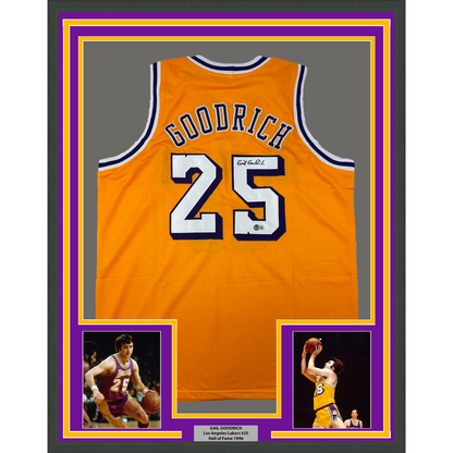 Framed Autographed/Signed Gail Goodrich 35x39 Los Angeles LA Yellow Basketball Jersey Beckett BAS COA