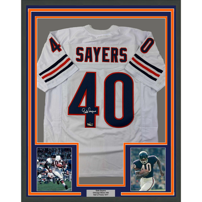 Framed Facsimile Autographed Gale Sayers 35x39 Chicago White Reprint Laser Auto Football Jersey