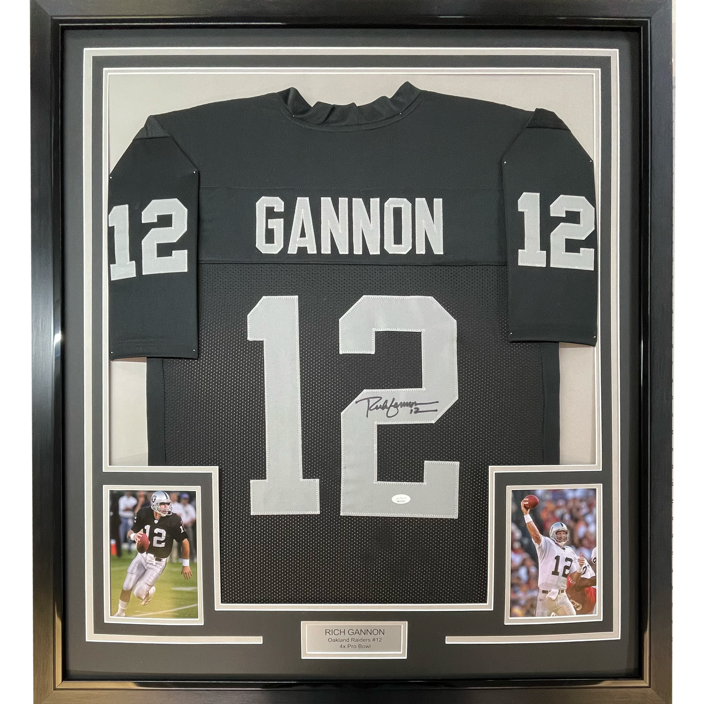 Framed Autographed/Signed Rich Gannon 35x39 Oakland Las Vegas Black Football Jersey JSA COA
