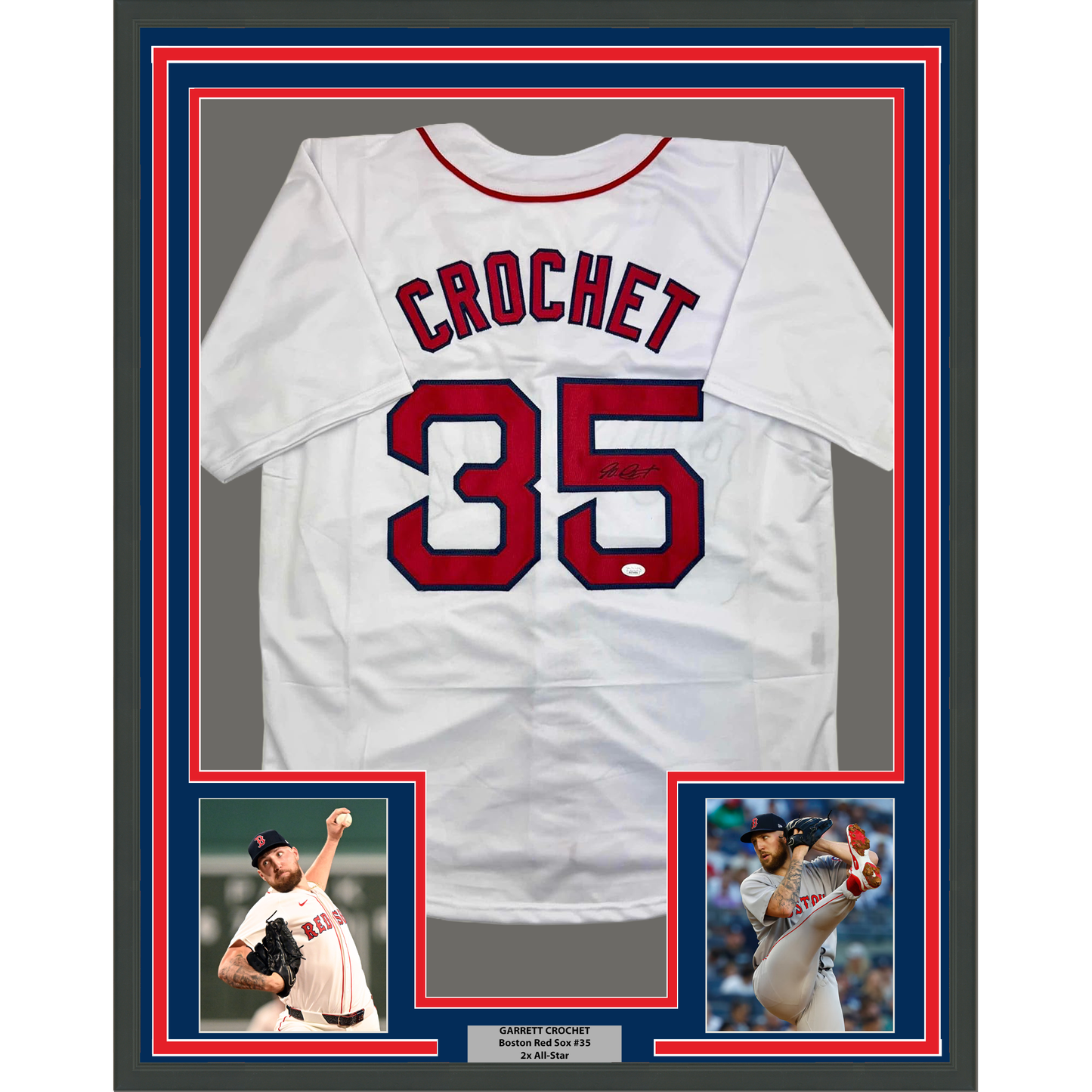 Framed Autographed/Signed Garrett Crochet 35x39 Boston White Baseball Jersey JSA COA