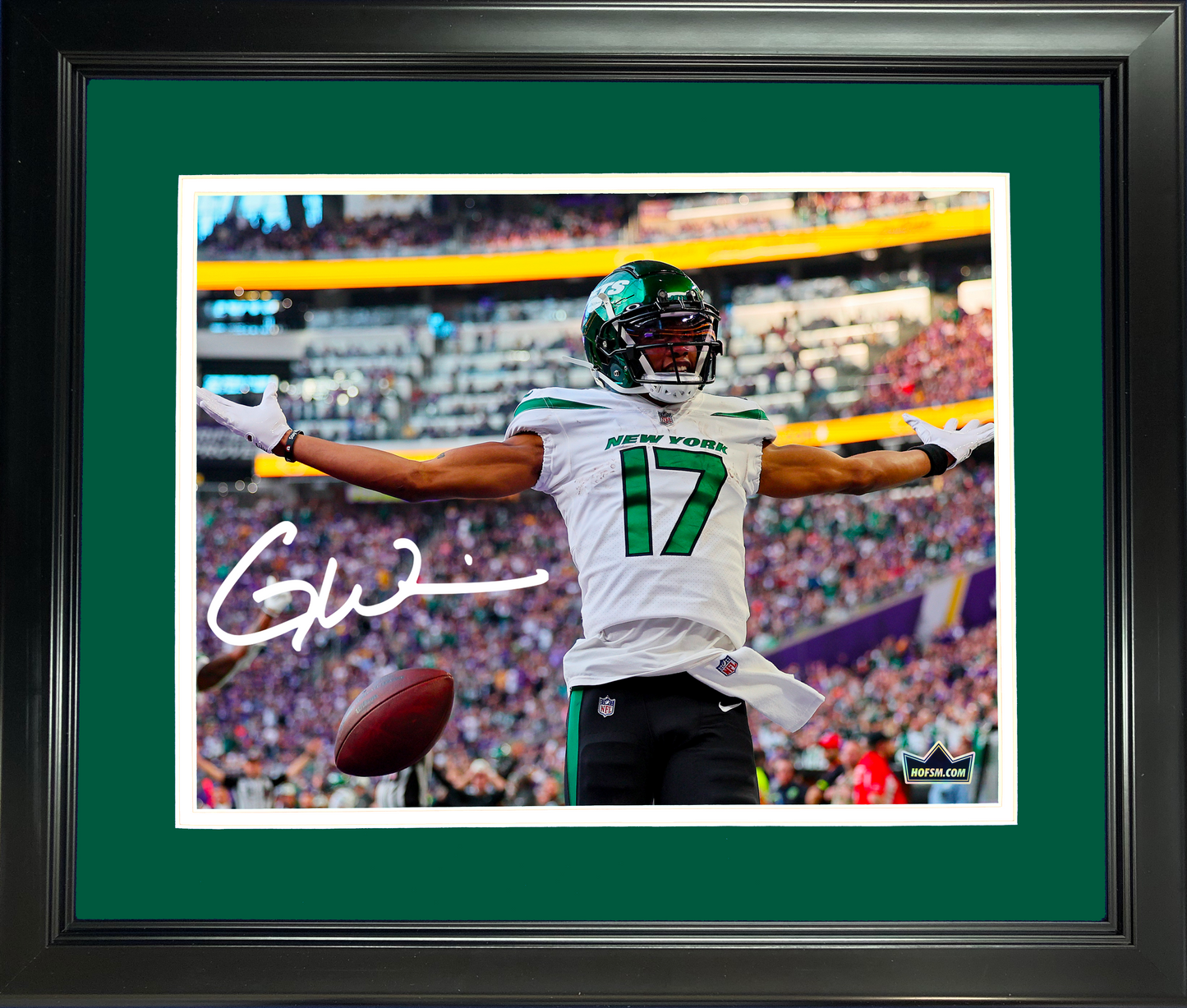 Framed Garrett Wilson Facsimile Laser Engraved Signature Auto New York Jets 11"x14" Football Photo HOFSM Holo