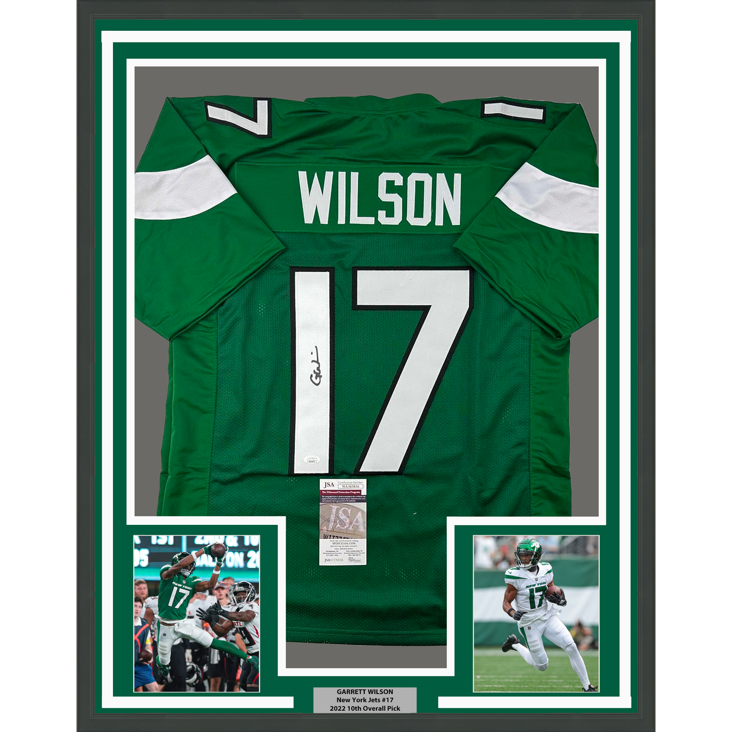 Framed Autographed/Signed Garrett Wilson 35x39 New York Green Football Jersey JSA COA