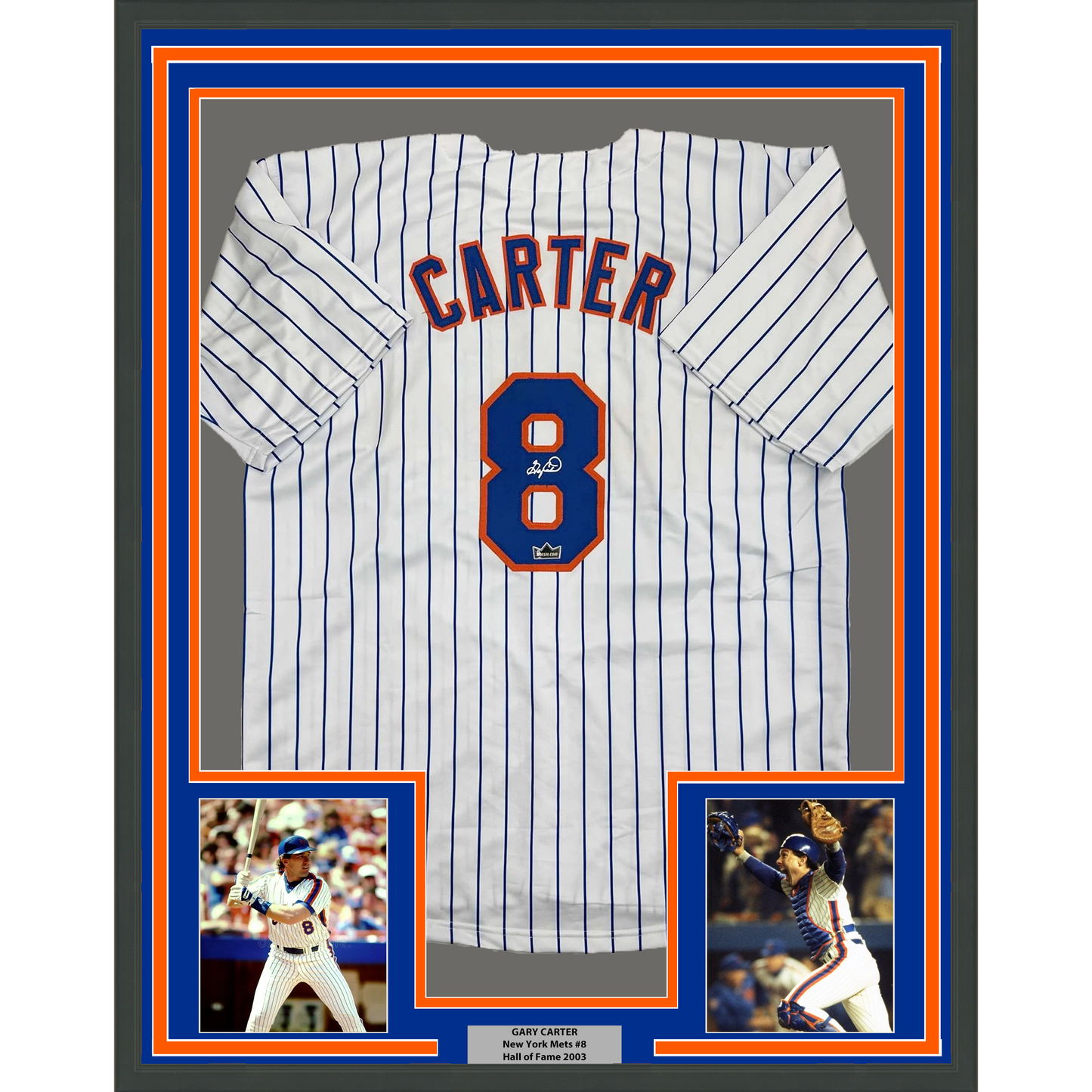 Framed Facsimile Autographed Gary Carter 35x39 New York Pinstripe Reprint Laser Auto Baseball Jersey