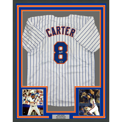 Framed Facsimile Autographed Gary Carter 35x39 New York Pinstripe Reprint Laser Auto Baseball Jersey