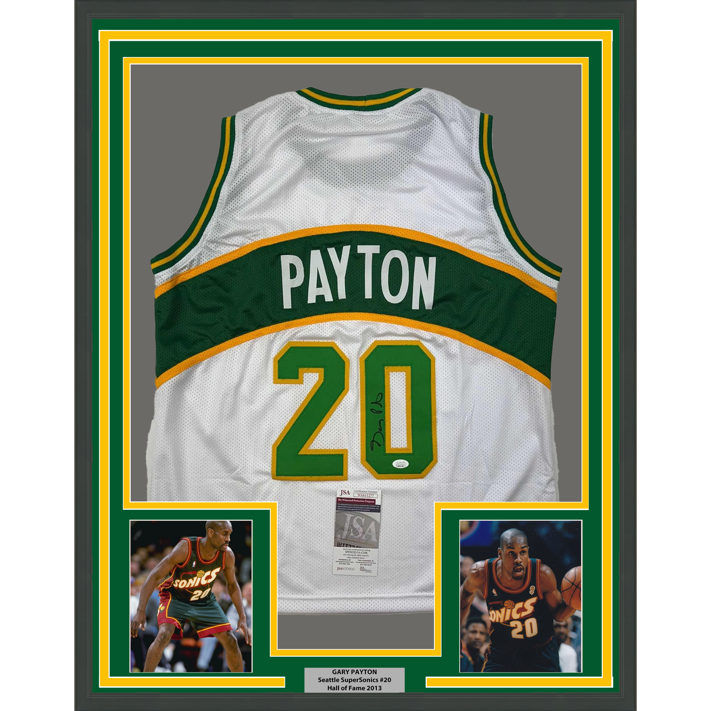 Framed Autographed/Signed Gary Payton 35x39 Seattle White Basketball Jersey JSA COA