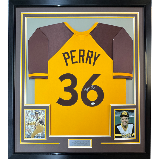 Framed Autographed/Signed Gaylord Perry 35x39 San Diego Yellow Baseball Jersey JSA COA