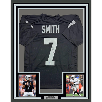 Framed Autographed/Signed Geno Smith 35x39 Oakland Black Football Jersey Beckett BAS COA