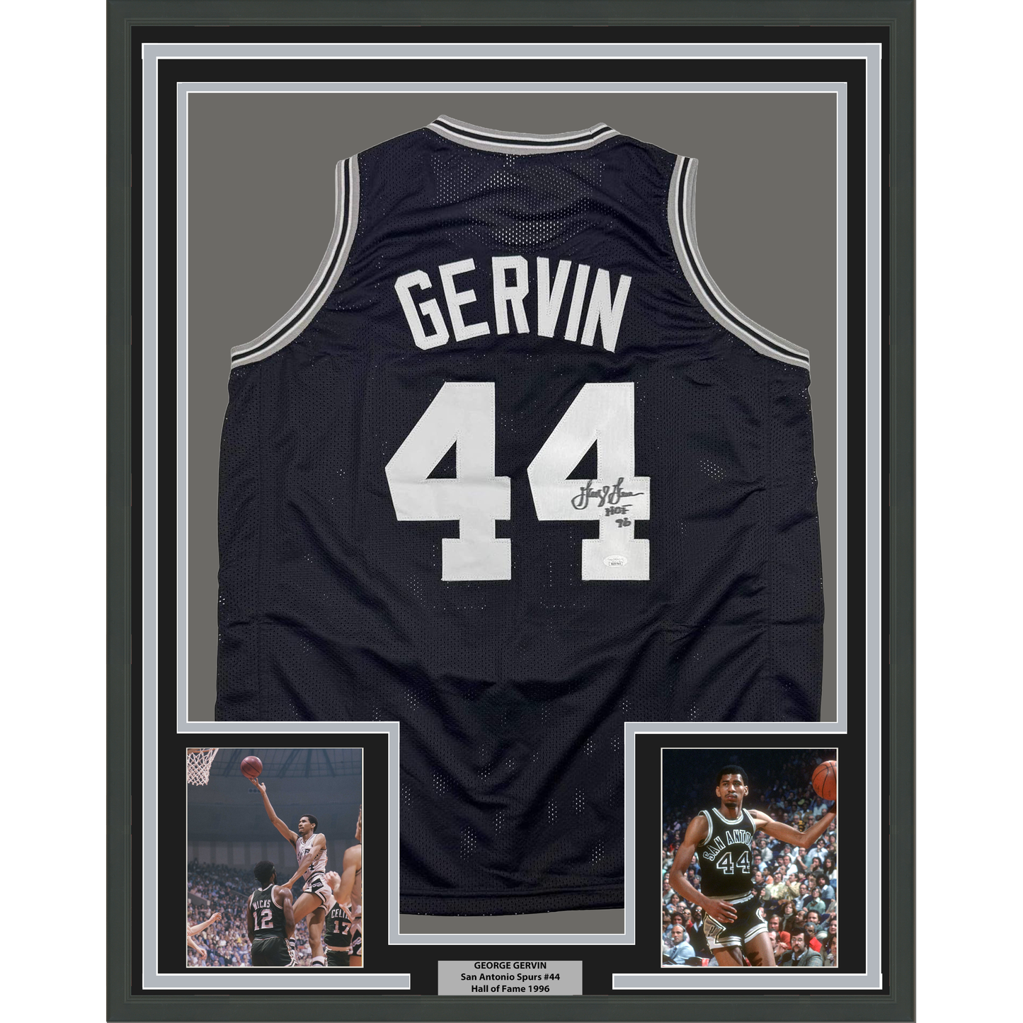 Framed Autographed/Signed George Gervin 35x39 San Antonio Black Basketball Jersey Beckett BAS COA