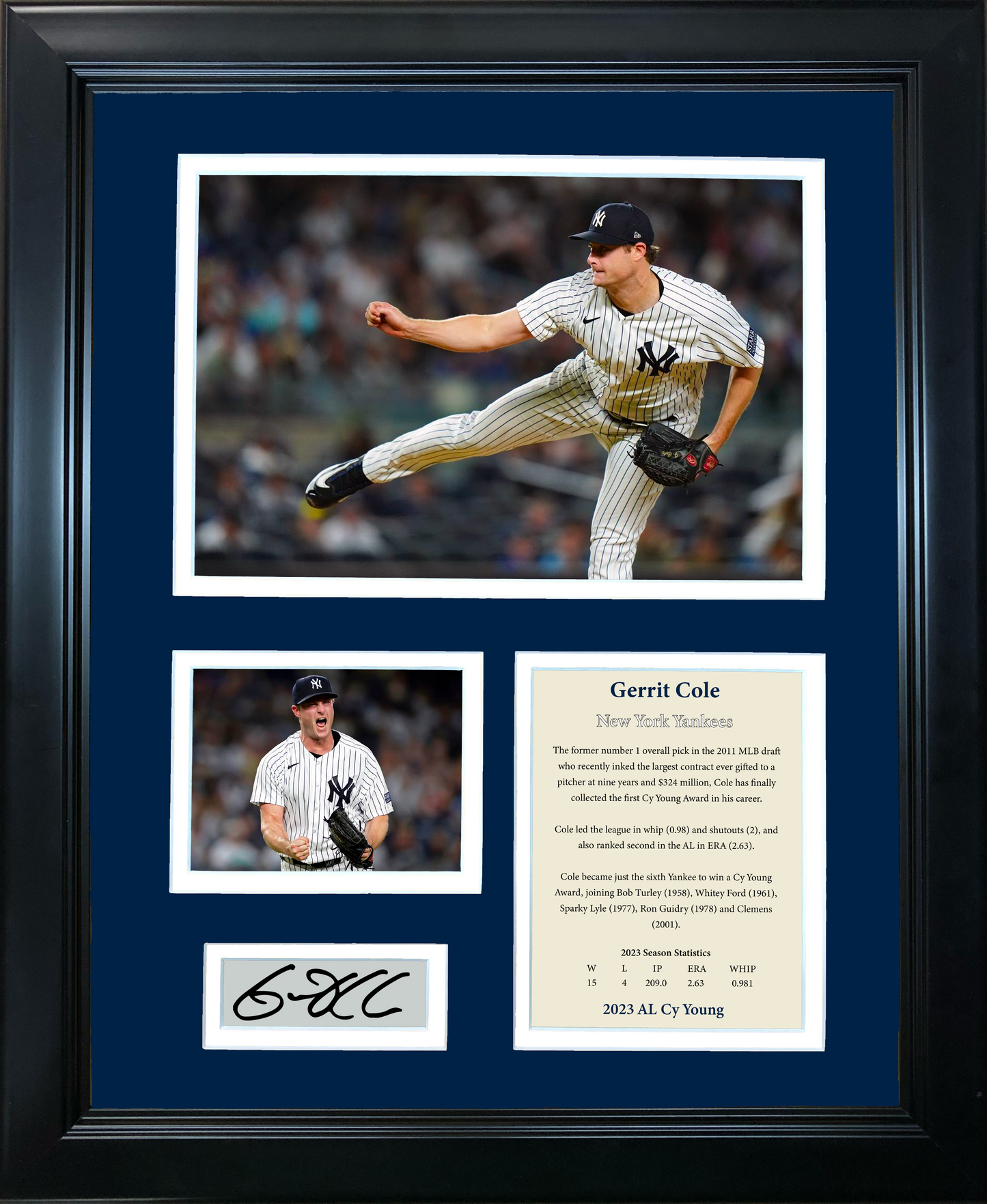 Framed Gerrit Cole AL Cy Young 2023 Facsimile Laser Engraved Signature Auto New York Yankees Baseball 11"x14" Photo Sig Collage