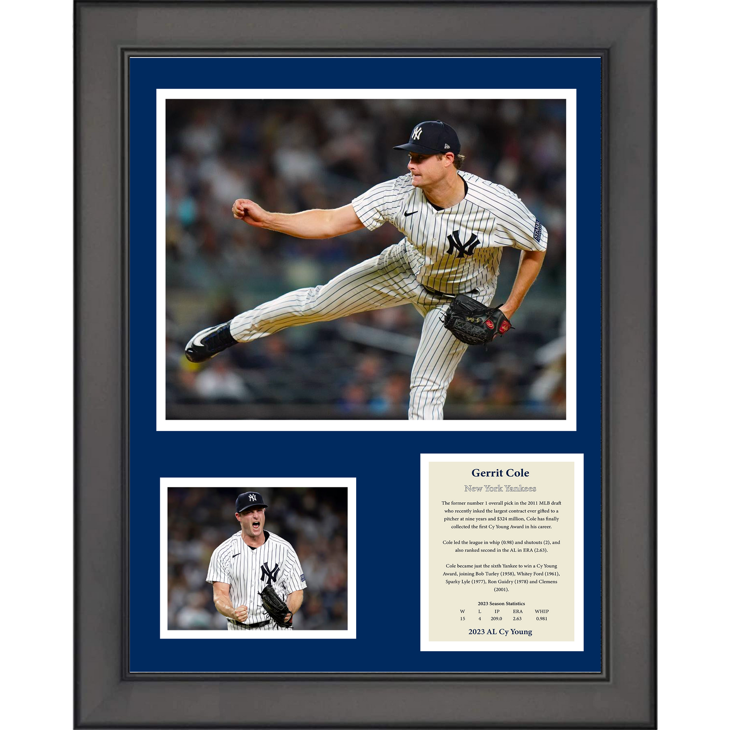 Framed Gerrit Cole AL Cy Young 2023 New York Yankees Baseball 11"x14" Three Photo Collage