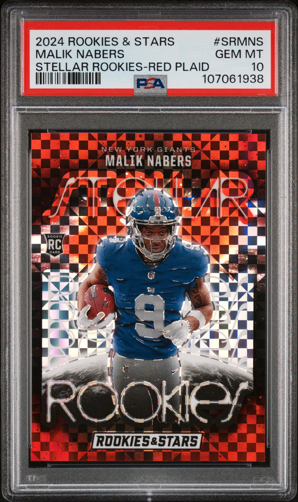 Graded 2024 Panini Rookies & Stars Malik Nabers #SRMNS Stellar Rookies Red Plaid Rookie RC Football Card PSA 10 Gem Mint