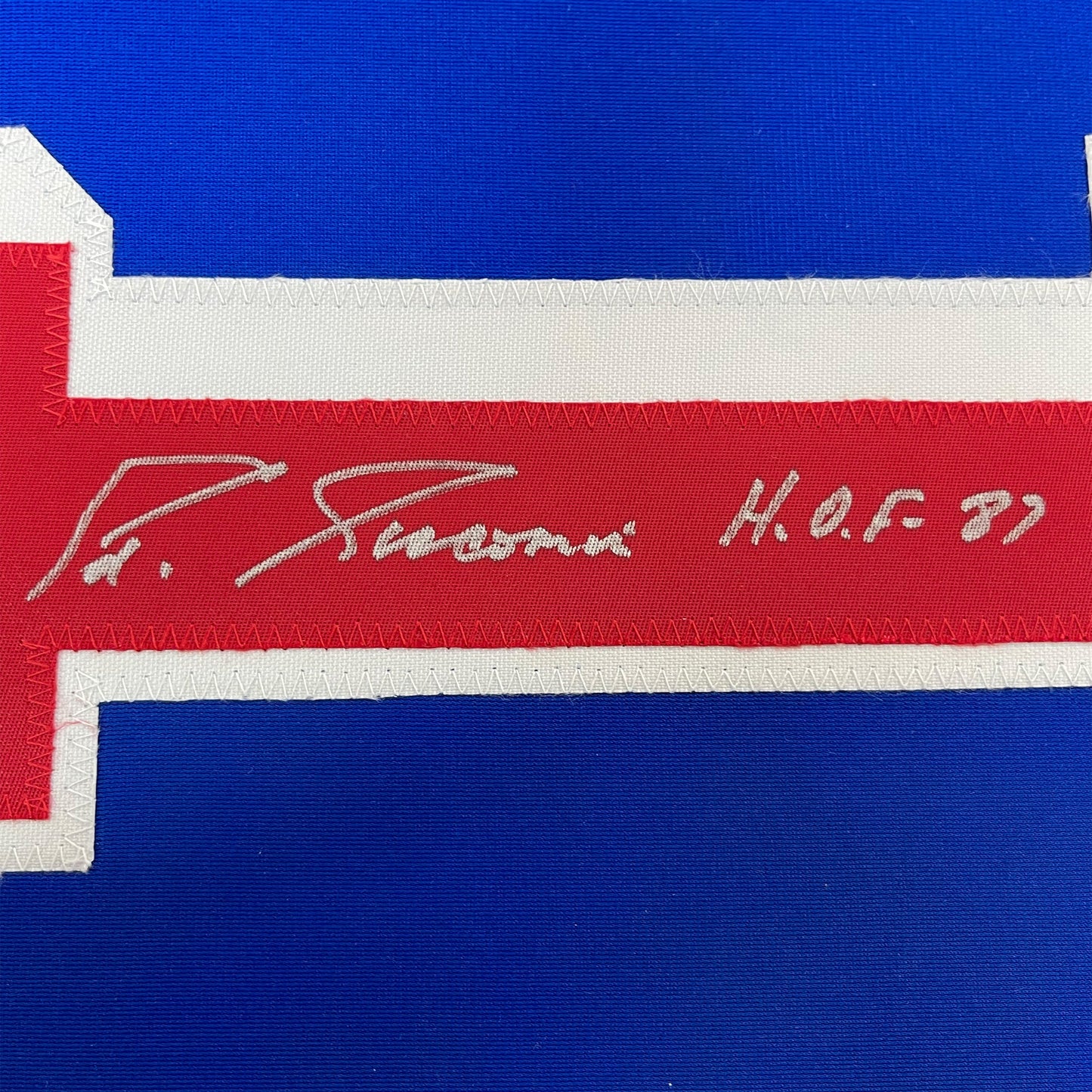 Framed Autographed/Signed Eddie Giacomin HOF 87 35x39 New York Blue Hockey Jersey JSA COA