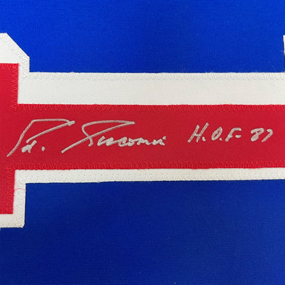 Framed Autographed/Signed Eddie Giacomin HOF 87 35x39 New York Blue Hockey Jersey JSA COA