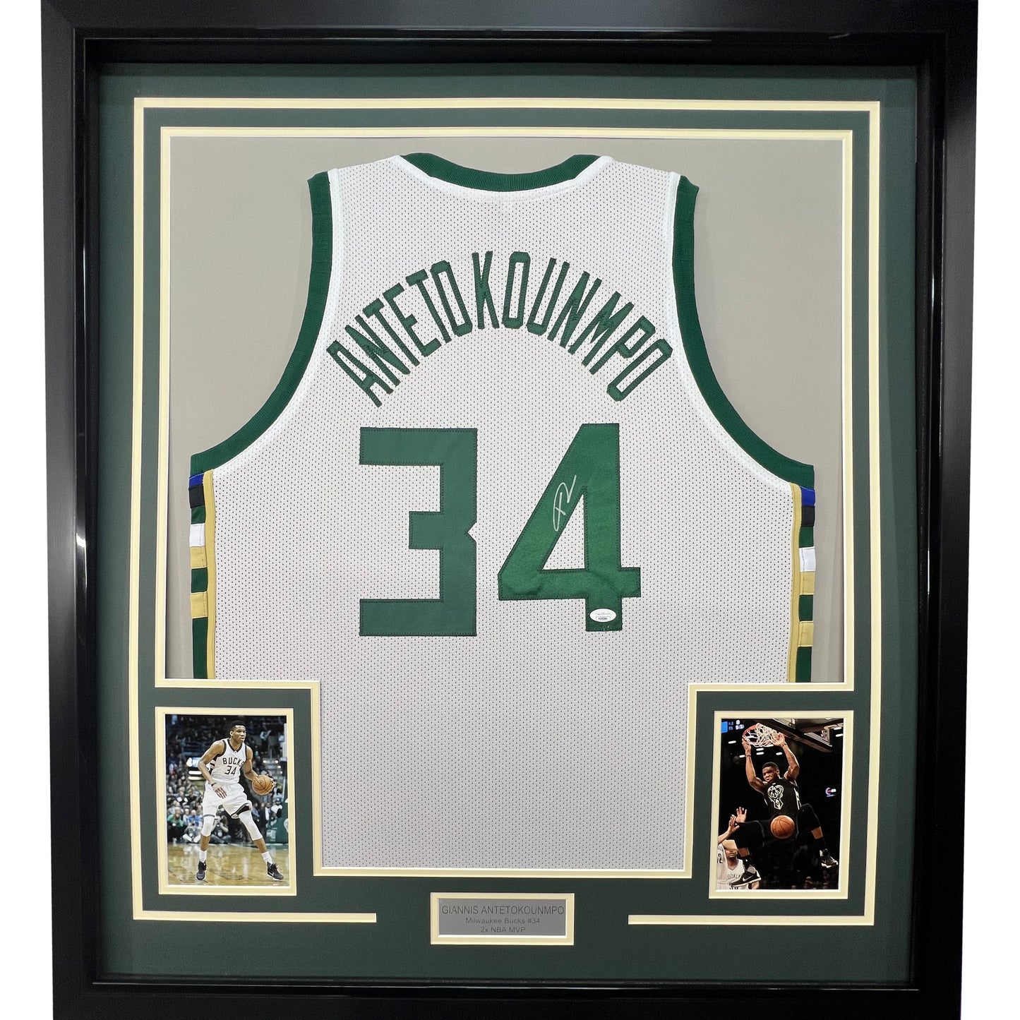 Framed Autographed/Signed Giannis Antetokounmpo 35x39 Milwaukee White Basketball Jersey JSA COA