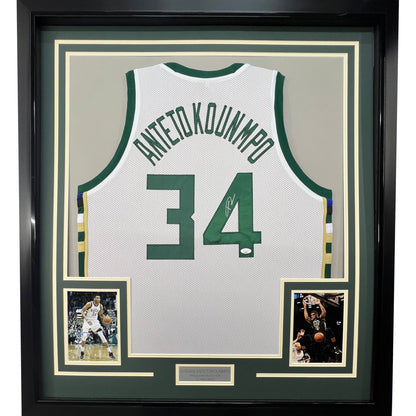 Framed Autographed/Signed Giannis Antetokounmpo 35x39 Milwaukee White Basketball Jersey JSA COA