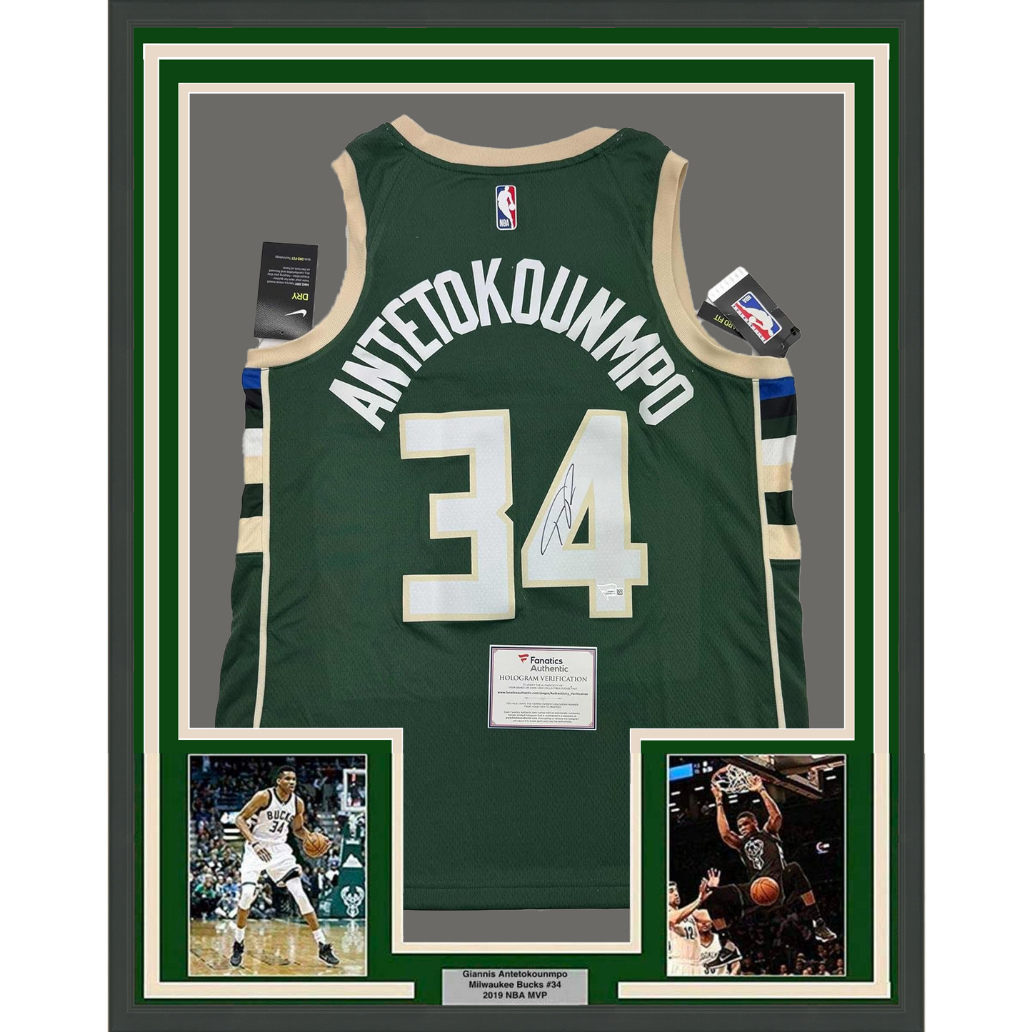Framed Autographed/Signed Giannis Antetokounmpo 35x39 Milwaukee Green Custom Basketball Jersey Fanatics COA