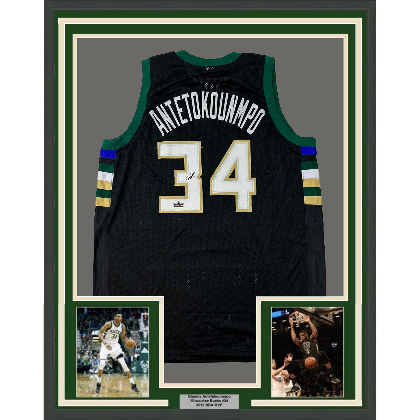 Framed Facsimile Autographed Giannis 35x39 Antetokounmpo Milwaukee Black Reprint Laser Auto Basketball Jersey