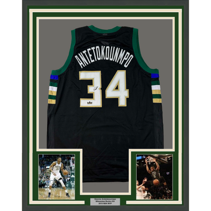 Framed Facsimile Autographed Giannis 35x39 Antetokounmpo Milwaukee Black Reprint Laser Auto Basketball Jersey