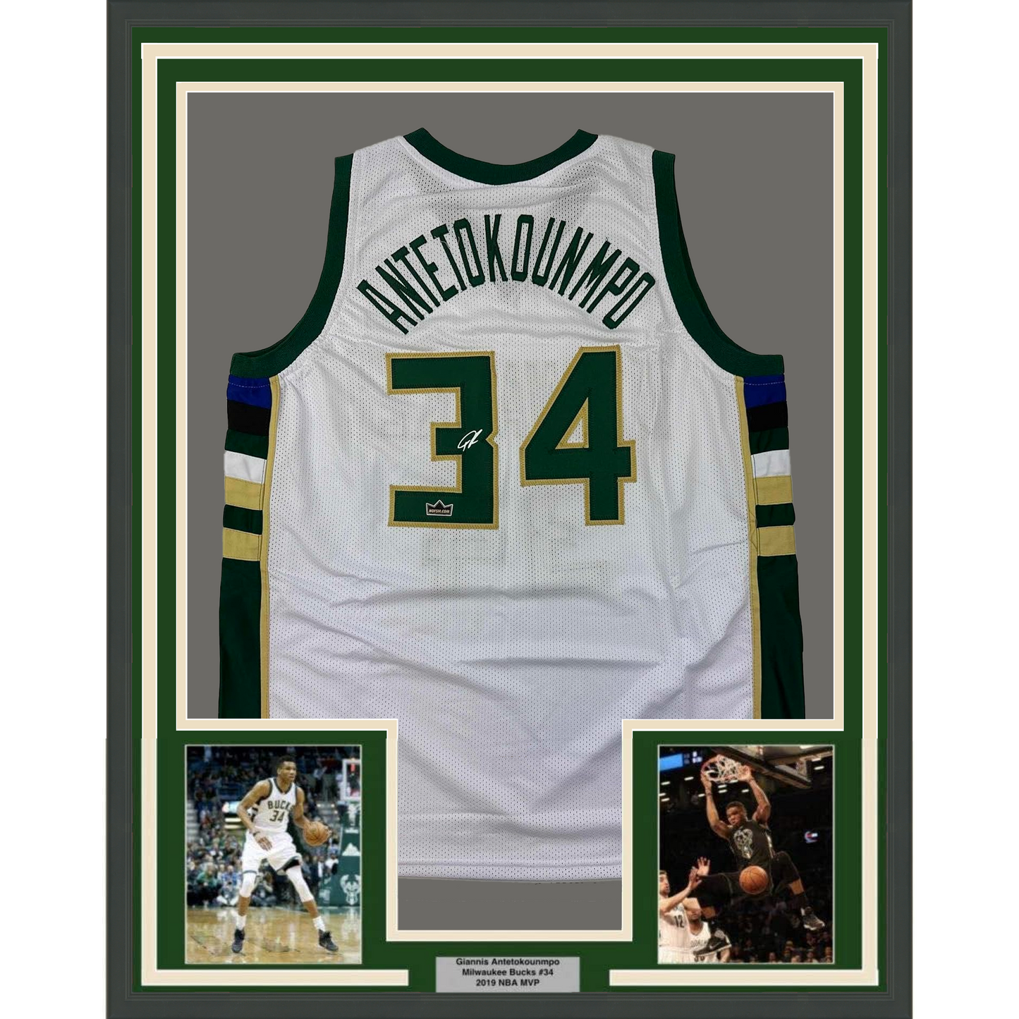 Framed Facsimile Autographed Giannis Antetokounmpo 35x39 Milwaukee White Reprint Laser Auto Basketball Jersey