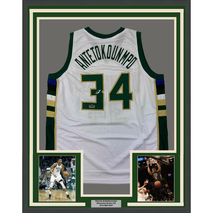 Framed Facsimile Autographed Giannis Antetokounmpo 35x39 Milwaukee White Reprint Laser Auto Basketball Jersey
