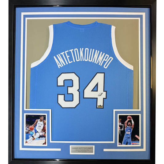 Framed Facsimile Autographed Giannis Antetokounmpo 35x39 Greece Light Blue Reprint Laser Auto Basketball Jersey