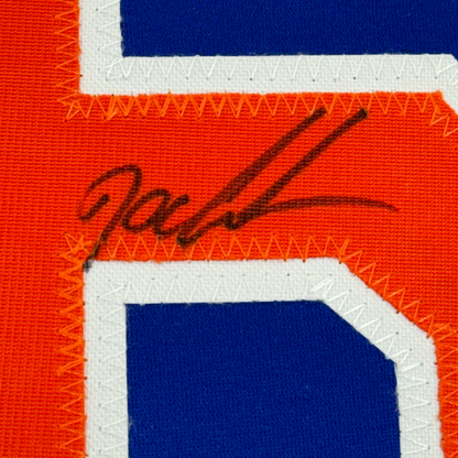 Framed Autographed/Signed Dwight Doc Gooden 35x39 New York Blue Baseball Jersey JSA COA