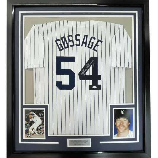 Framed Autographed/Signed Goose Gossage 35x39 New York Pinstripe Baseball Jersey JSA COA